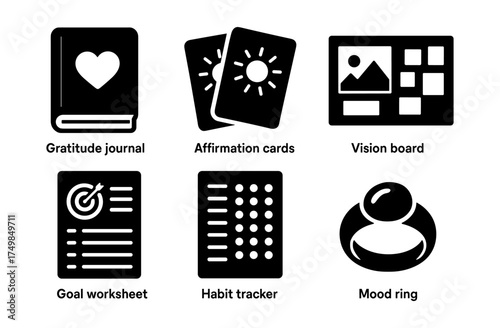 Personal wellness tools: journals, cards, boards, trackers, and rings for self-care