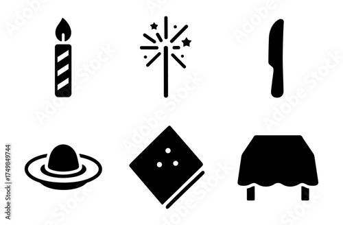 Celebration elements: candle, sparkler, knife, sombrero, diamond, table icons