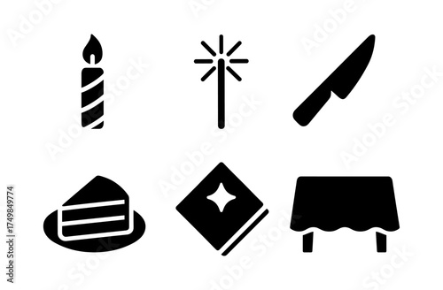 Party icons set: candle, sparkler, knife, cake, napkin, table in silhouette style