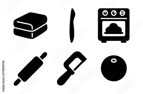 Baking icons set: oven, knife, rolling pin and more in minimalist style