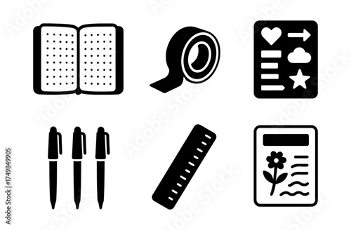 Minimalist black and white office supplies icon set for creative projects
