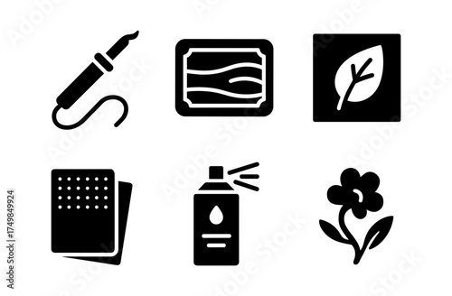 Minimalist icons of soldering, art tools, and nature elements