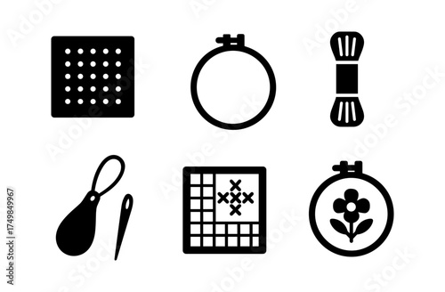 Minimalist set of sewing and embroidery icons in black and white