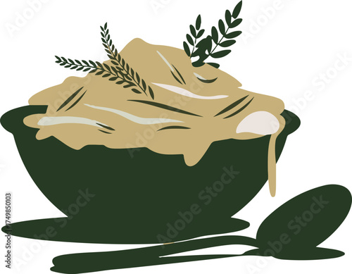 A decorative illustration of a bowl of hummus with sprigs and spoon