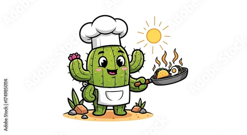 Cute cartoon cactus chef wearing apron and chef hat, cooking tacos in a pan under the sun, isolated on white background