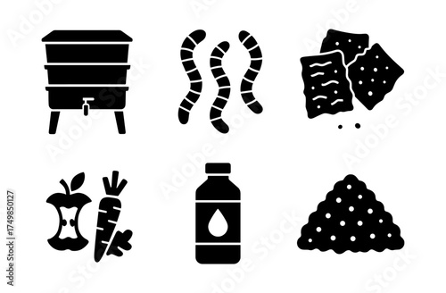 Compost silhouette icons: bin, worms, food waste, liquid, mulch