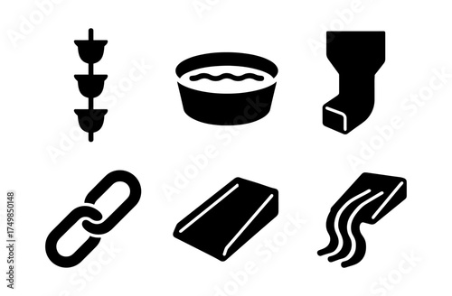 Industrial silhouette icons: metal, pipe, chain, casting