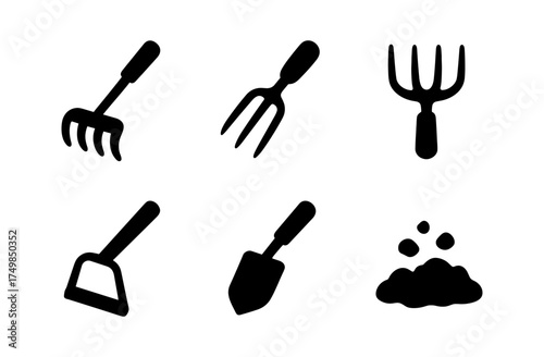 Silhouette gardening tools set: rake, fork, shovel, soil icons for agricultural design