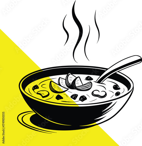 A steaming bowl of soup with lemon slices black and white silhouette