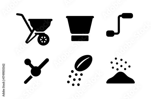 Gardening equipment silhouettes: wheelbarrow, spreader, and seeds