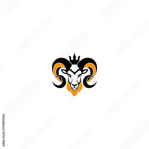 Ram head with a crown, stylized, orange details. Black and white on a white background