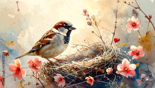 Sparrow Nestled in Blooming Spring Branches.