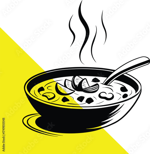 A steaming bowl of soup with lemon slices a bold silhouette