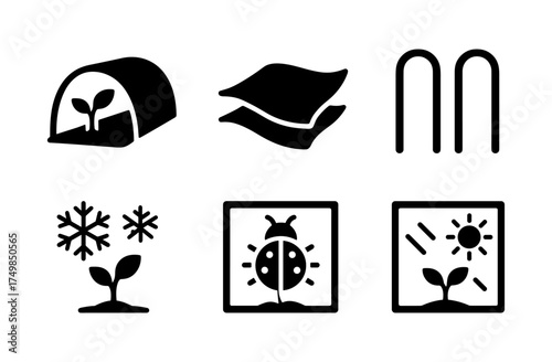 Gardening symbol set: greenhouse, mulch, frost, pest control, sun protection icons