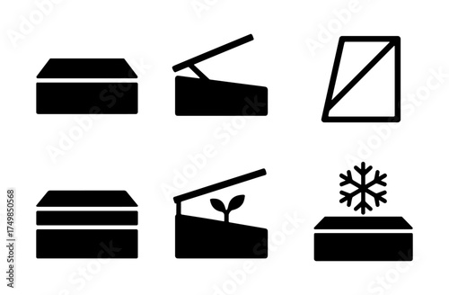 Minimalist black icons of boxes with lids, mirrors, and symbols for gardening and winter
