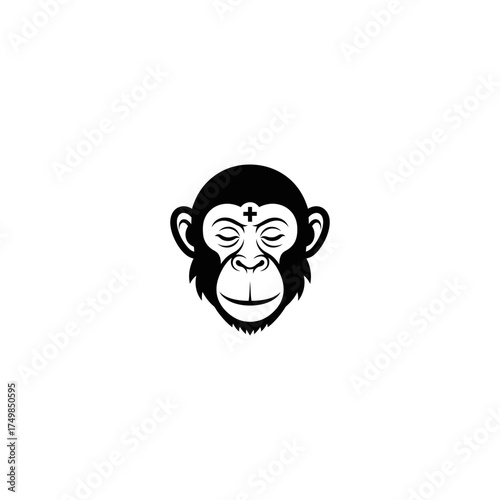 Vector image stylised monkey head with closed eyes and a plus symbol on forehead