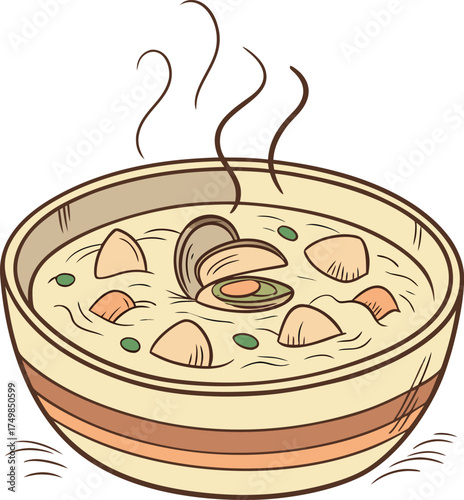 A steaming bowl of clam chowder with potatoes and carrots illustration