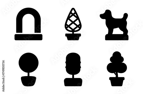 Classic topiary silhouettes featuring arches, trees, and animal figures