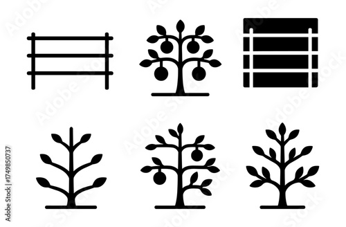 Minimalist black icons of trees and fences for agriculture and garden design