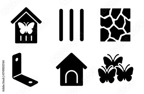 Set of silhouette icons: butterfly house, cracked tile, and more