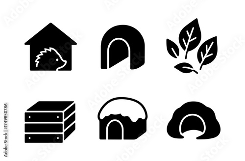 Animal shelter icons set: home, habitat, nature, and structures in modern black silhouette design