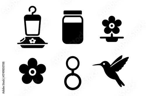 Silhouette icons of hummingbird feeder, jar, flowers, and hummingbird