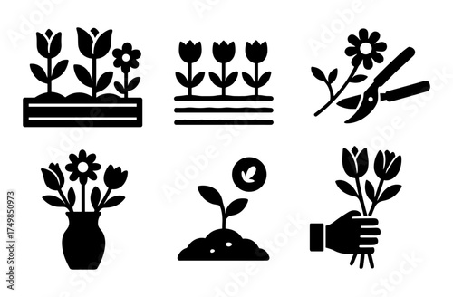 Garden silhouettes: flowers, plants, and gardening tools for creative design
