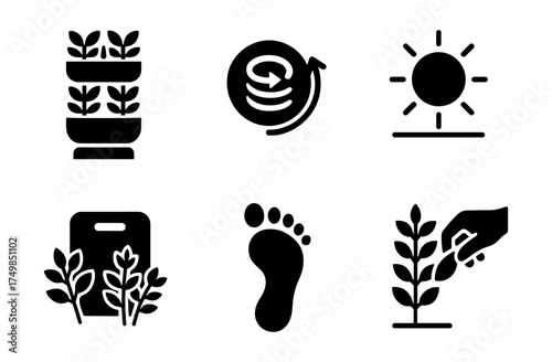 Sustainable farming icons: eco gardening, recycling, solar energy, plant care, footprint