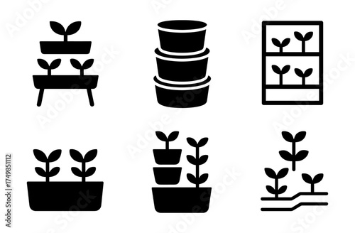 Minimalist black and white icons of plant pots and seedlings for gardening projects