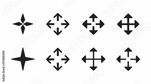 A set of eight black icons featuring star shapes and directional arrows arranged in a symmetrical pattern | editable eps vectors silhouette