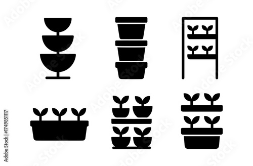 Silhouette icons of stacked plant pots for indoor gardening design