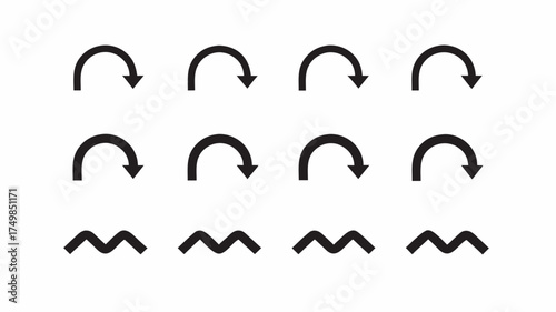 A collection of black curved arrows pointing downwards and wavy lines arranged in rows on a white background | editable eps vectors silhouette