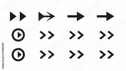 Collection of various black arrow icons pointing right and play button icons arranged in a grid pattern | editable eps vectors silhouette