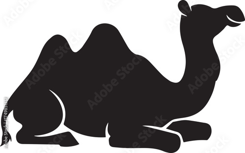 A striking black camel rests peacefully in a flat style silhouette