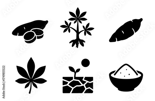 Cassava and cannabis icons with silhouettes in modern minimalist design