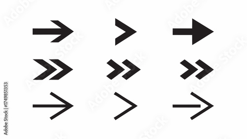 A collection of nine black arrow symbols pointing to the right arranged in a three by three grid pattern | editable eps vectors silhouette