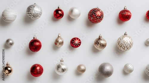 Minimalist flat lay with Christmas ornaments on white background