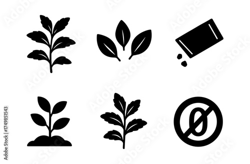 Herb and spice silhouette icons: leaves, plants, packets, and no salt symbol