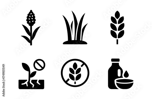 Set of silhouette icons representing cereal plants and organic farming elements