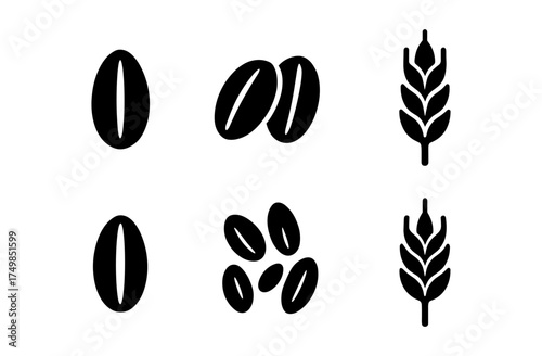 Minimalist coffee bean and wheat icons set for cafes and bakeries