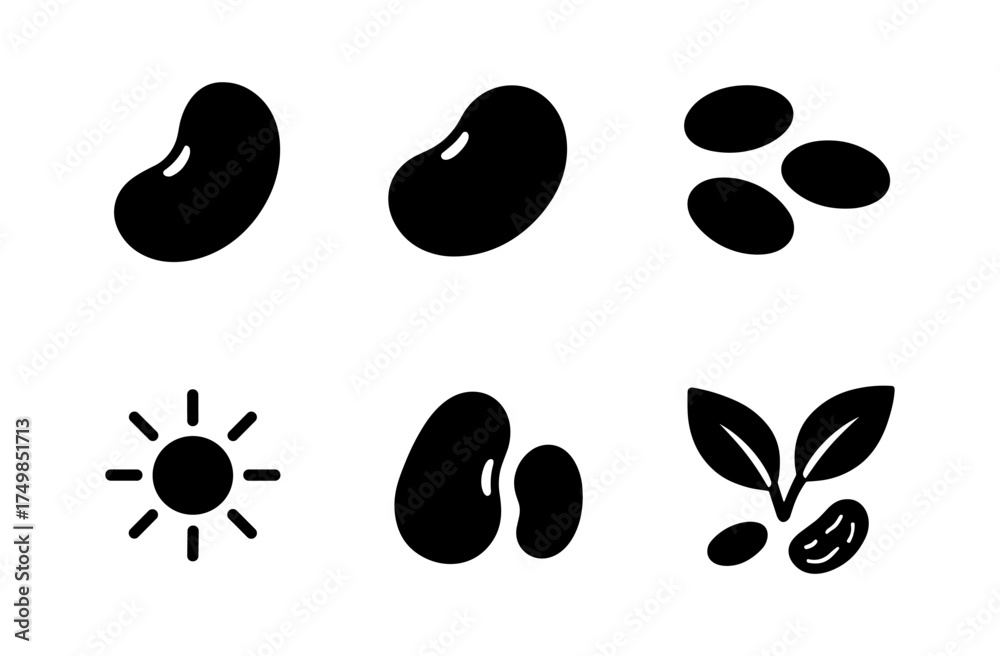 Fototapeta premium Minimalist black bean icons with nature elements and sun symbols
