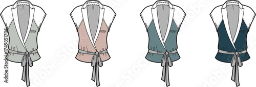 Set of four stylish women's tops in various pastel and muted tones, showcasing a wrap design with a tie closure and lapel collar