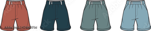 Collection of women's high-waisted Bermuda shorts in four colors, a fashion flat technical sketch vector template for clothing design