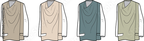 Fashion illustration depicting a draped tunic top in multiple color options, layered over a long-sleeved shirt. A versatile design concept for modern casual women's apparel