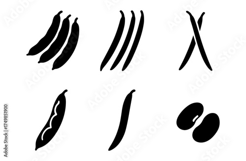 Silhouette of various beans including pods and seeds on white background