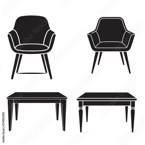 Stylish office chair and table icon set featuring ergonomic designs in black and white colors 