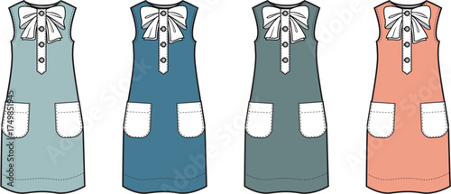 Collection of women's sleeveless shift dresses with bow necklines and patch pockets in various pastel colors