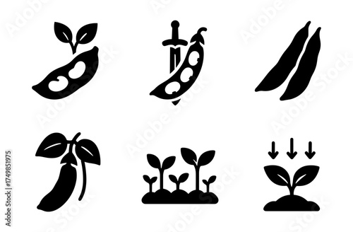 Minimalist icons of soybeans and plant growth in silhouette style