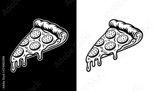 Pepperoni pizza slice black and white art
