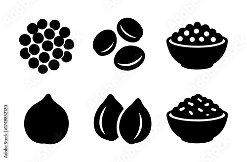 Flat icons of grains and nuts: chickpeas, coffee, rice, hazelnuts, almonds, and bowls